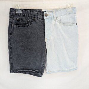 Man boohooMan Men's Two Tone Black and Blue Denim Shorts Button Close Size 30